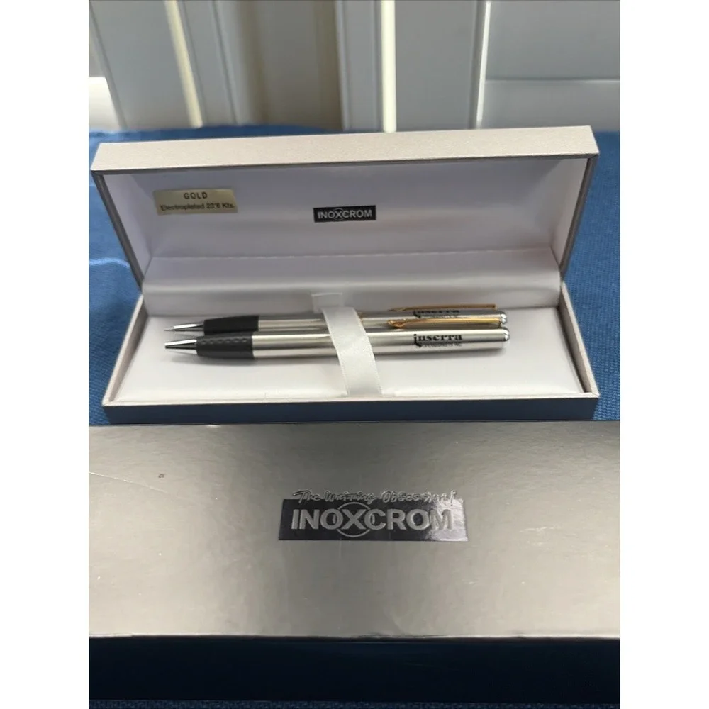 Inoxcrom Ball Point Pen And Pencil Set Gold Electroplated 23'6 Kts Inserra NOS